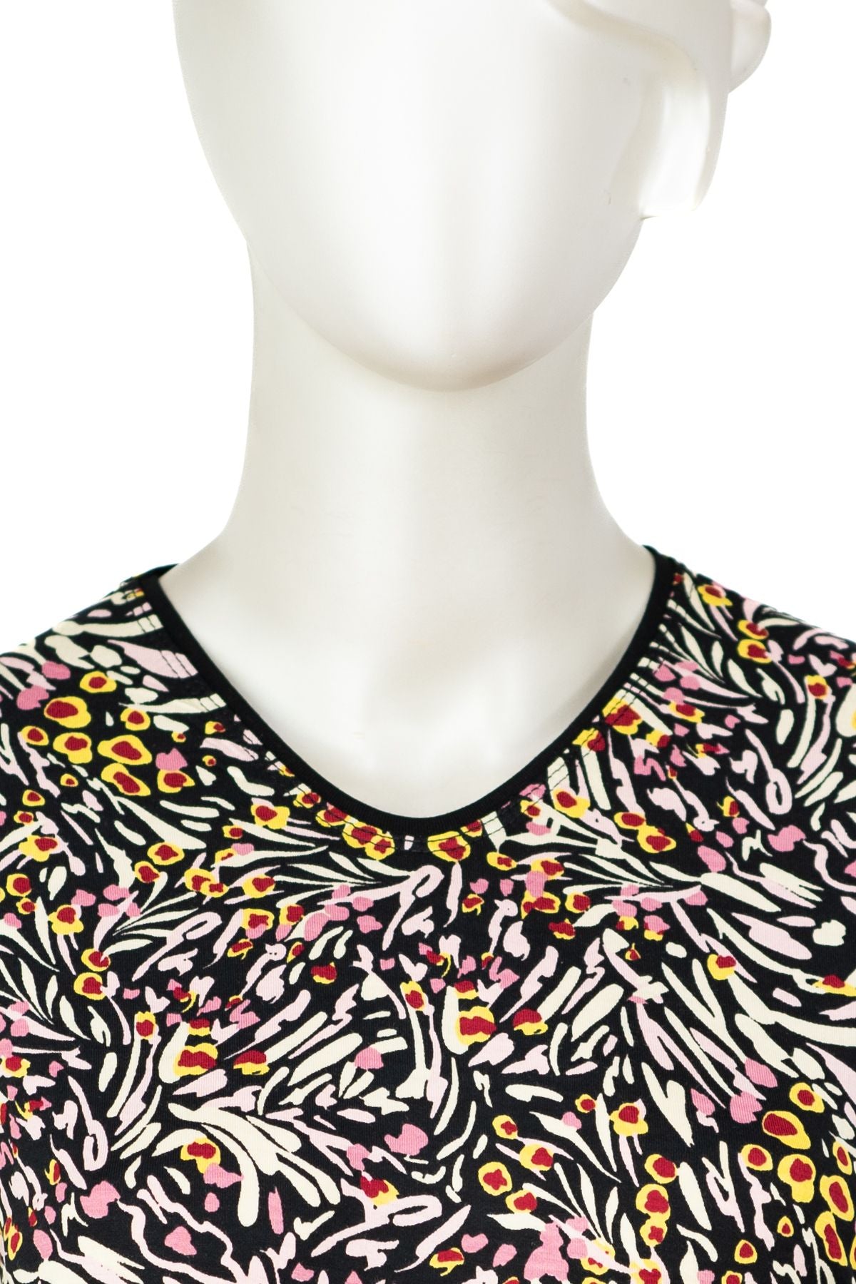 Kadın Turlu Viskon Penye Kumaş Anne Bluz Kadife Çiçeği Desenli Hafif V Yaka Tam Kalıp